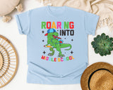 Roaring Into Middle School Dinosaur in Chambray Comfort Colors 1717 tee