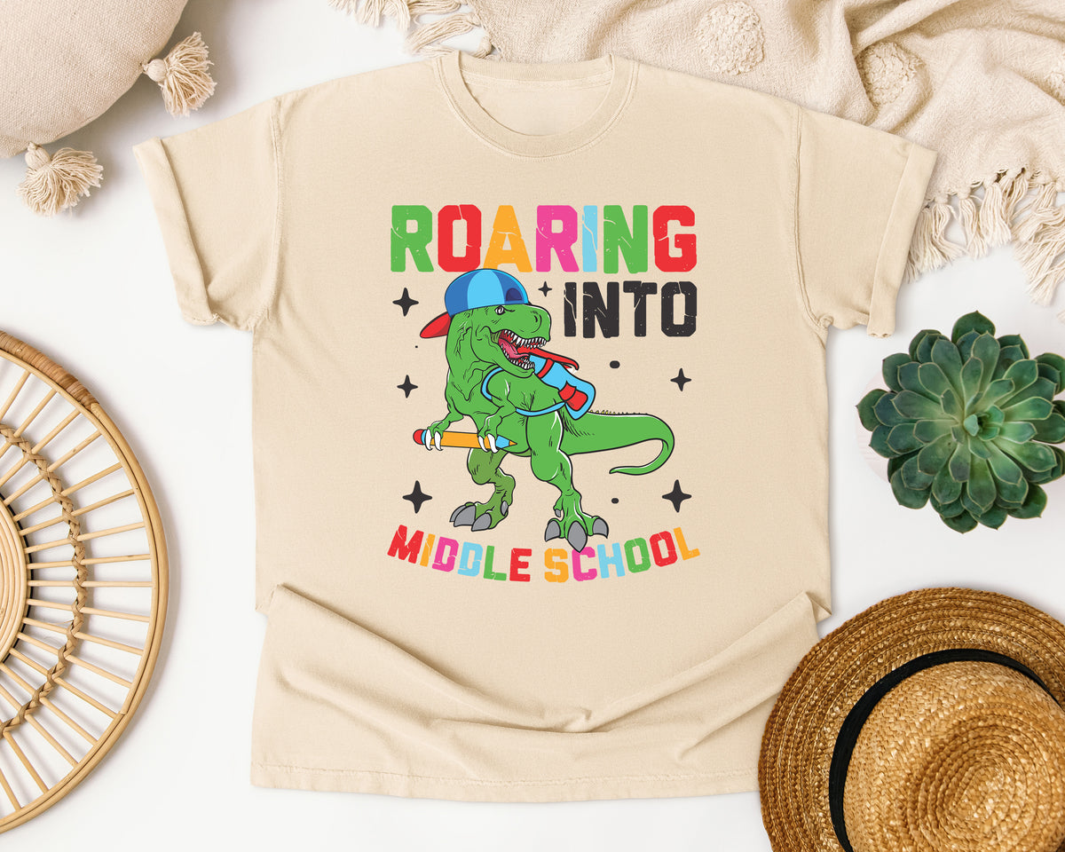 Roaring Into Middle School Dinosaur in Ivory Comfort Colors 1717 tee