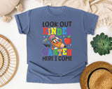 Look Out Kindergarten Here I Come Pencil Bright in Blue Jean Comfort Colors 1717 tee