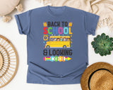Back To School And Looking Cool Bus Bright in Blue Jean Comfort Colors 1717 tee