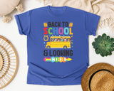 Back To School And Looking Cool Bus Bright in Flo Blue Comfort Colors 1717 tee