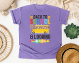 Back To School And Looking Cool Bus Bright in Violet Comfort Colors 1717 tee