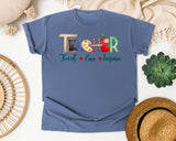 Teacher Teach Love Inspire Watercolor in Blue Jean Comfort Colors 1717 tee