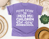 Please Excuse The Mess My Children Are Now Homeschool graphic tee in Violet
