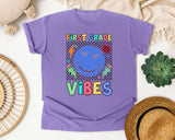 First Grade Vibes Checkered Smiley graphic tee in Violet