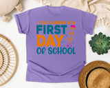 First Day Of School Let The Adventure Begin White graphic tee in Violet