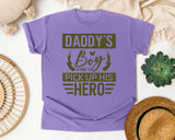 Daddy's Boy Is Here To Pick Up His Hero Brown graphic tee in Violet