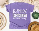 Funny Caring Stern Honest Reliable Strong White graphic tee in Violet