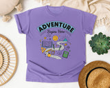 Adventure Begins Here Doodle graphic tee in Violet