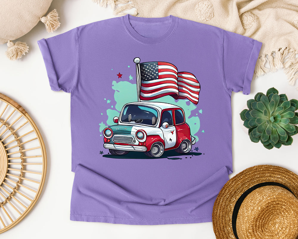 Classic Car With Flags graphic tee in Violet