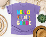 Hello First Grade Sneakers graphic tee in Violet