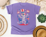 Patriotic Skeleton Fireworks Pink graphic tee in Violet
