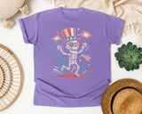Patriotic Skeleton Fireworks Pink 5 graphic tee in Violet