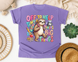 Off To Help Tiny Humans Do Big Things Sloth graphic tee in Violet