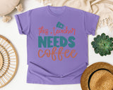 This Teacher Needs Coffee Script graphic tee in Violet