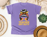 Teacher Off Duty Messy Bun Sunset graphic tee in Violet