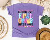Watch Out First Grade Here I Come graphic tee in Violet