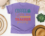 Coffee Gives Me Teacher Powers graphic tee in Violet