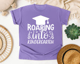 Roaring Into Kindergarten White 2 graphic tee in Violet