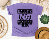 Daddy's Boy Is Here To Pick Up His Hero White graphic tee in Violet