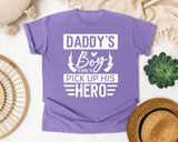 Daddy's Boy Is Here To Pick Up His Hero White 2 graphic tee in Violet