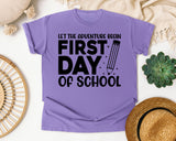 First Day Of School Let The Adventure Begin White 2 graphic tee in Violet