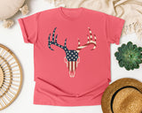 Patriotic Deer Skull Antlers graphic tee in Watermelon