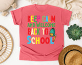 Keep Calm And Welcome Back To School Backpack graphic tee in Watermelon