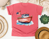 Patriotic Fishing Boat graphic tee in Watermelon