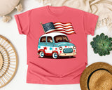 Patriotic Van With Flag graphic tee in Watermelon