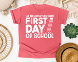 First Day Of School Let The Adventure Begin White 2 3 graphic tee in Watermelon