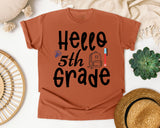 Hello 5th Grade Backpack Bulb graphic tee in Yam