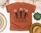 Three Dancing Patriotic Skeletons graphic tee in Yam