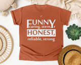 Funny Caring Stern Honest Reliable Strong White graphic tee in Yam