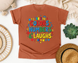 Colors Numbers And Laughs graphic tee in Yam