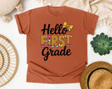 Hello First Grade Bow graphic tee in Yam