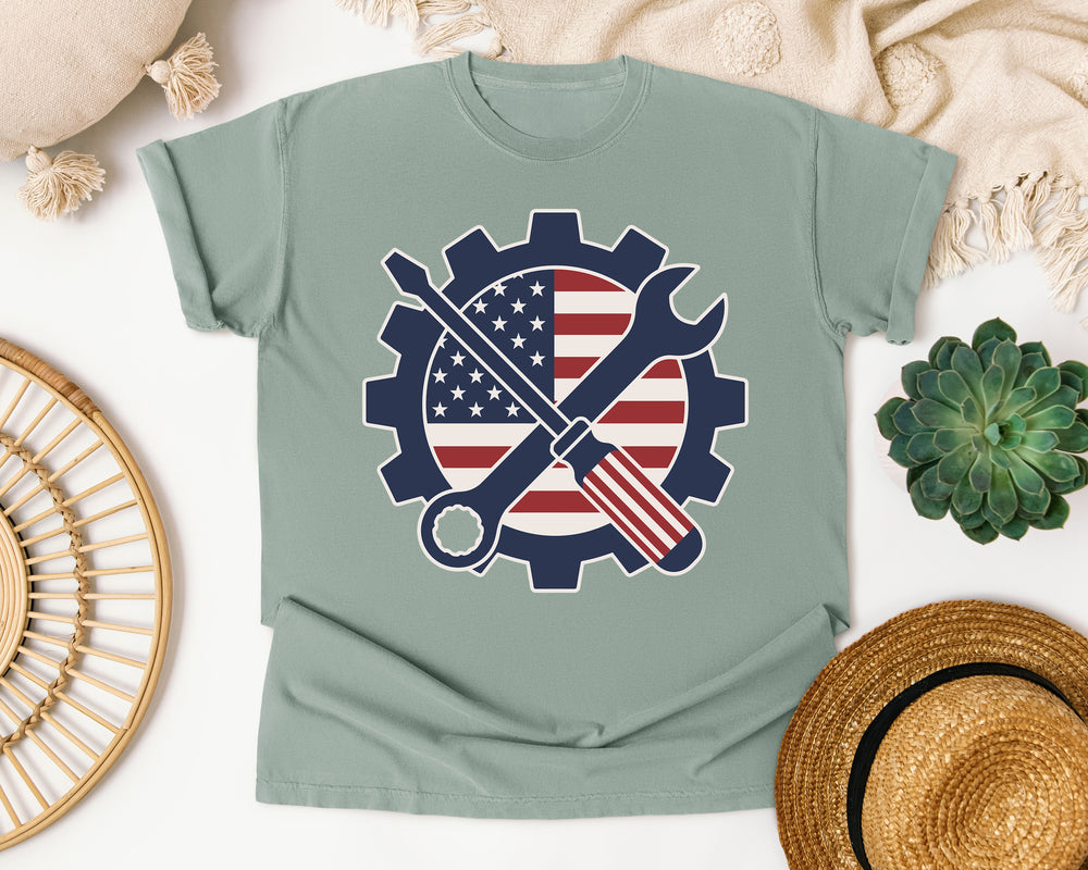 American Flag Gear Wrench graphic tee in Bay Comfort Colors 1717