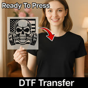 A woman holding a sign with a skull and crossbones graphic, and there is a red arrow pointing to her chest.