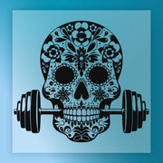 A stylized black and white illustration of a skull with intricate floral and floral designs, positioned in front of a set of dumbbells.