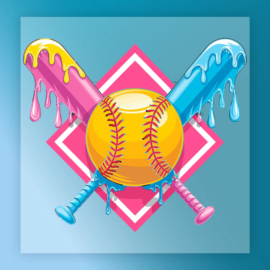 A colorful illustration of a baseball bat with a dripping bat and a dripping ball, set against a pink and blue background.