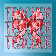 a large red bow with a heart in the center, surrounded by the word "TEACHER" in a stylized font.