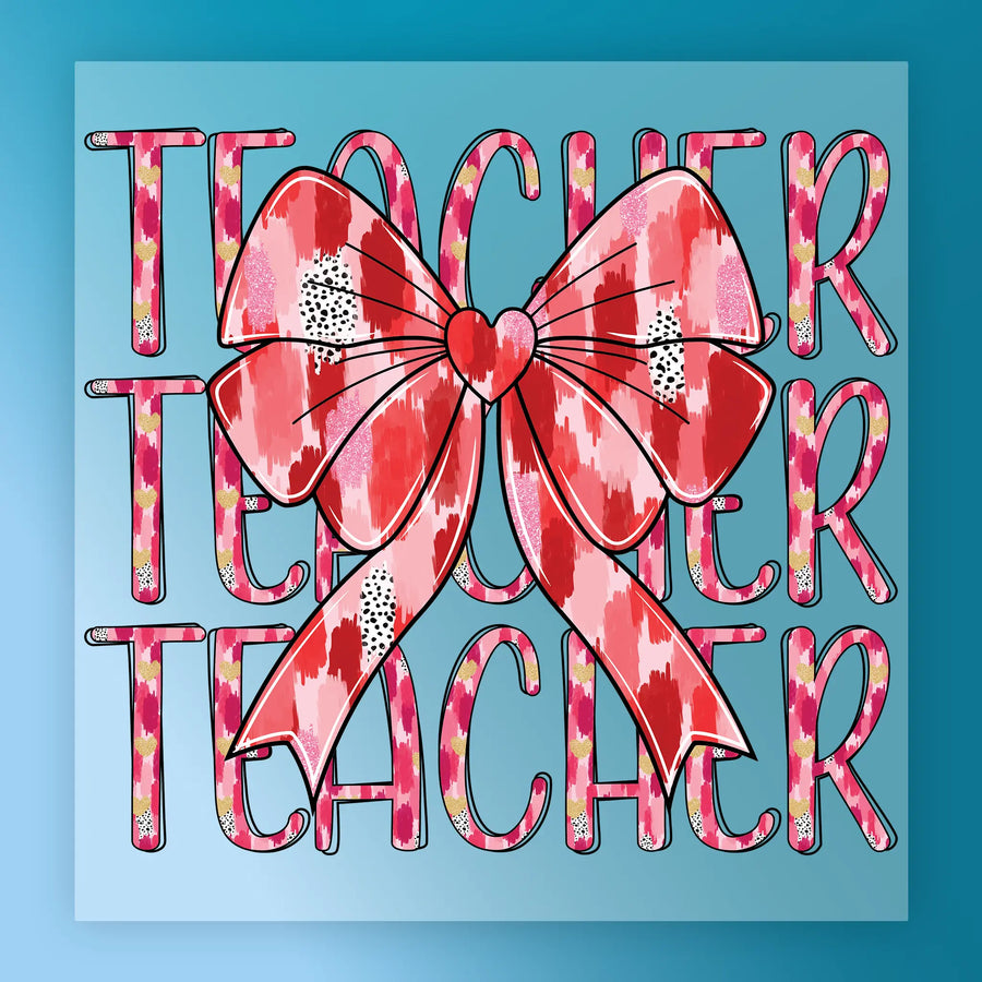 a large red bow with a heart in the center, surrounded by the word "TEACHER" in a stylized font.