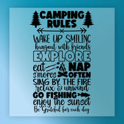 InkMerge’s Camping Rules Adventure Quote graphic features trees and fish with fun rules like explore, nap often, go fishing, and enjoy the sunset. Perfect DTF transfer for quick heat press application on camping shirts.