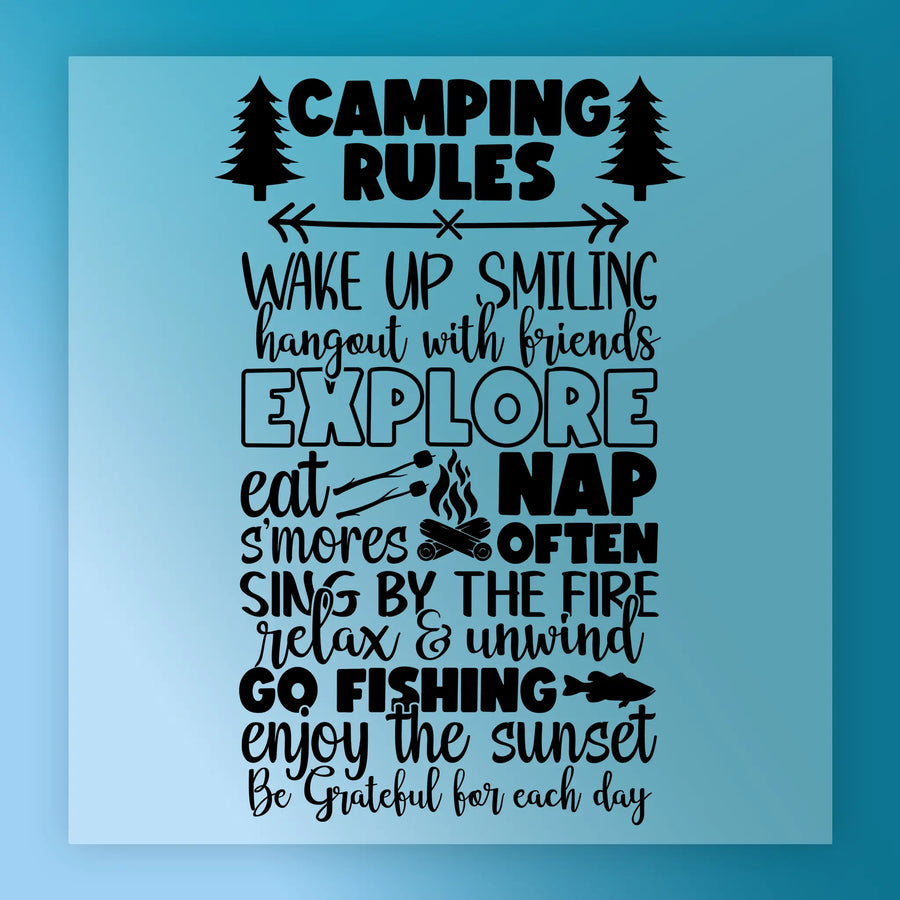 InkMerge’s Camping Rules Adventure Quote graphic features trees and fish with fun rules like explore, nap often, go fishing, and enjoy the sunset. Perfect DTF transfer for quick heat press application on camping shirts.