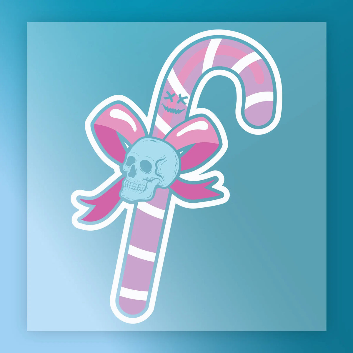 The Gothic Candy Cane Skull Design by InkMerge features pink and white stripes, a stitched skull face with blue details, and is set on a blue background—ideal for custom apparel or bold DTF transfer projects.
