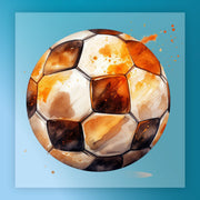 A watercolor painting of a soccer ball with orange and brown hues, set against a blue background.