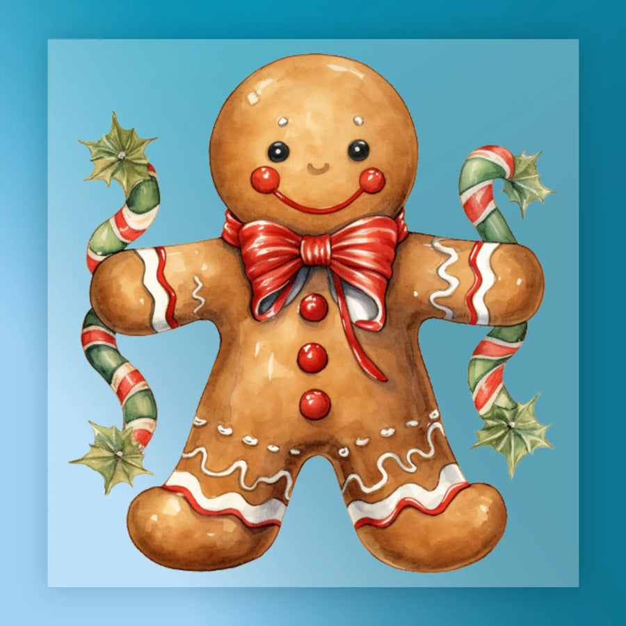InkMerge's Gingerbread Man DTF Transfer Christmas Design features a smiling gingerbread man with red buttons, a red bow tie, and candy canes with holly on a gradient blue background. This 8-pass ready to press design is gang sheet ready for easy printing.