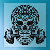 A stylized illustration of a skull with intricate floral and geometric patterns, holding a dumbbell in its mouth.