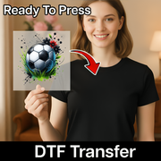 A woman holding a piece of paper with a soccer ball and flowers on it, with a red arrow pointing to her chest.