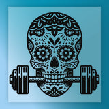 A stylized illustration of a skull with intricate floral and geometric patterns, holding a barbell.
